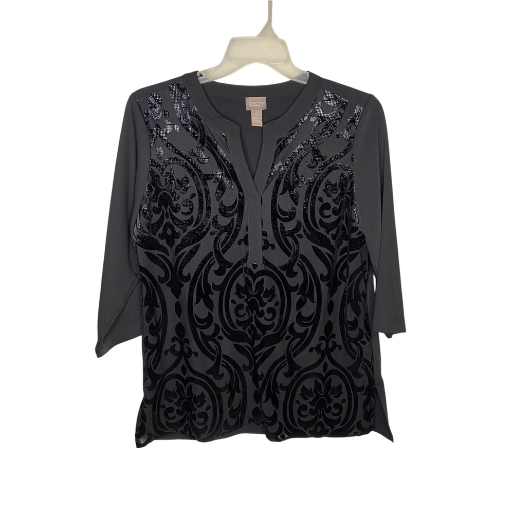 Chicos Women Black Split Neck 3/4 Sleeve Velvet Damask Sequin Blouse Size 1